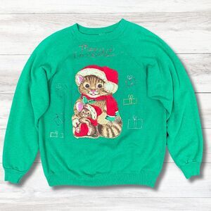 Vtg 80s Christmas Crewneck Sweatshirt XL Green Cat Glitter Puff Paint Kidcore